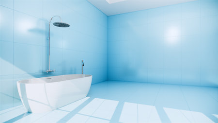 blue Zen design Bath room tiles wall and floor - japanese style. 3D renderingの写真素材
