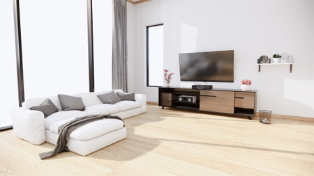 TV cabinet and armchair Japanese style on room Ryokan minimal design. 3D rendering