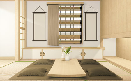TV cabinet and armchair Japanese style on room Ryokan minimal design. 3D renderingの写真素材