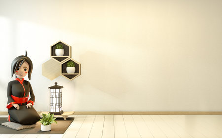 Cartoon girl in black kimono on room interior japanese style. 3D renderingの写真素材