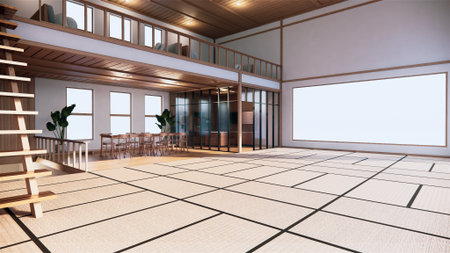 Japanese-style interior of the first floor in a two-story house. 3D renderingの写真素材