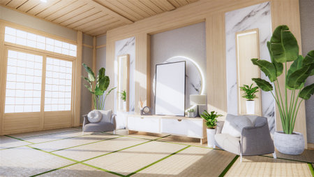living room granite white wall background with decoration japan style design and shelf wall. 3d...