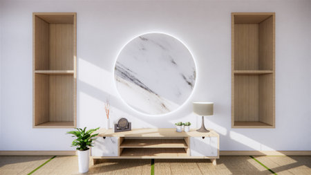 living room granite white wall background with decoration japan style design and shelf wall. 3d...