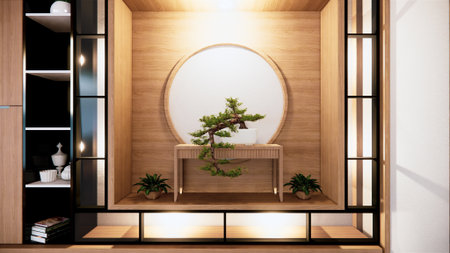 Shelf wall design zen interior of living room japanese style.3d renderingの写真素材