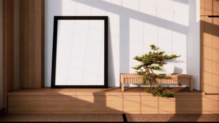 Shelf wall design zen interior of living room japanese style.3d renderingの写真素材