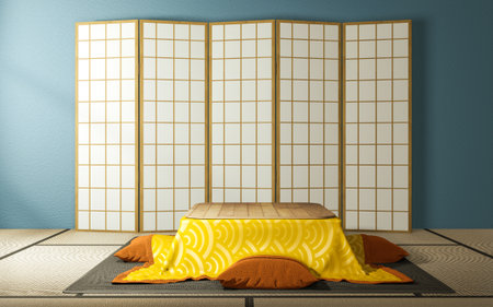 Japanese partition paper wooden design and kotatsu low table on mint living room tatami floor.3D renderingの写真素材
