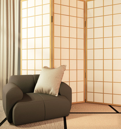 Japanese partition paper wooden design on living room tatami floor.3D renderingの写真素材