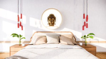 bedroom mock up with wooden bed in japan minimal design. 3D rendering.の写真素材