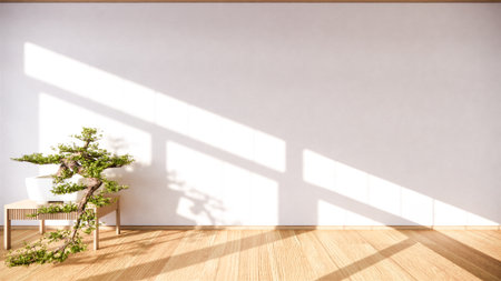 Bonsai tree on cabinet wooden on wall room zen style and decoraion wooden design, earth tone.3D renderingの写真素材