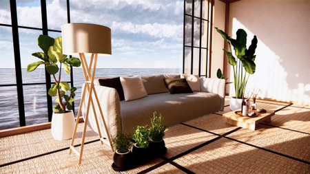 Sofa on empty room japanese design on tatami mat ,3D rendering