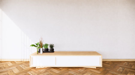 tropical room interior with cabinet and plants decoration,3d rendering