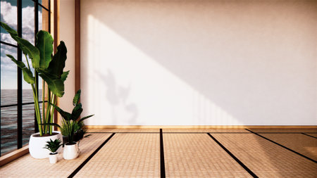 Japan room interior - Japanese style. 3D rendering in view sea.3D renderingの写真素材