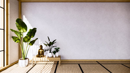 table Cabinet wooden design on living room zen style empty wall background.3D renderingの写真素材