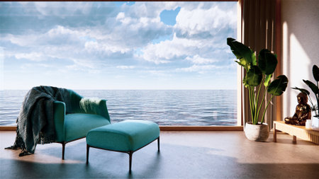 Japan room interior - Japanese style. 3D rendering in view sea.3D rendering