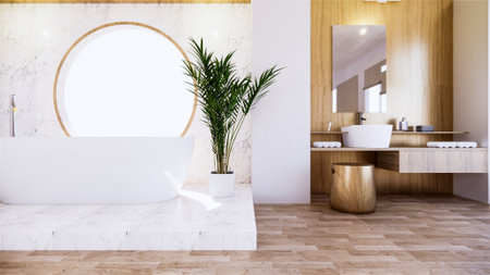 Bath room interior bathtub with wall white and wooden floor. 3d renderingの写真素材