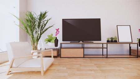 Armchair and tv cabinet on room white wall, minimalist and zen interior.3d renderingの写真素材