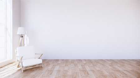 A small sofa in the , with light shining from the window.3D renderingの写真素材