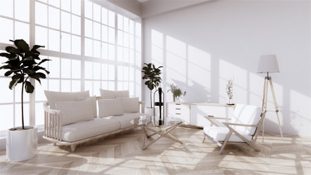 Black Hexagon tile wall on Empty white room on wooden floor interior design. 3D rendering