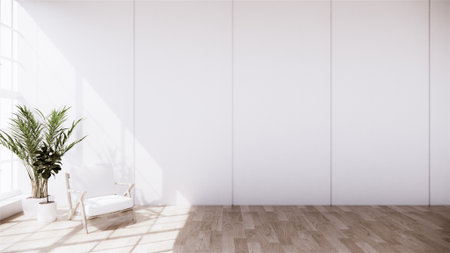 Black Hexagon tile wall on Empty white room on wooden floor interior design. 3D rendering