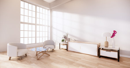 cabinet wooden with on white wall and wooden floor, tropical interior  living room. 3d rendering