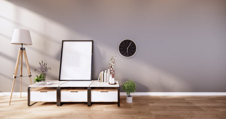cabinet wooden with on white wall and wooden floor, tropical interior  living room. 3d rendering
