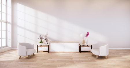 Empty house hall with tatami  floor 2 steps White room tropical style.3D rendering