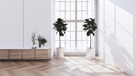 cabinet wooden with on white wall and wooden floor, tropical interior  living room. 3d rendering