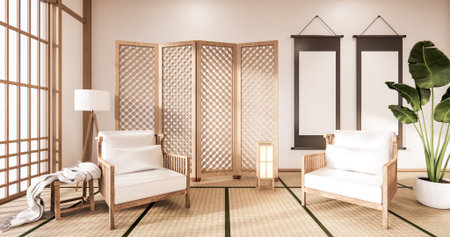 Wooden Arm chair and partition japanese on room tropical interior with tatami mat floor and white wall.3D renderingの写真素材