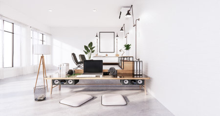 Sofa and partition japanese on room tropical interior with tatami mat floor and white wall.3D...