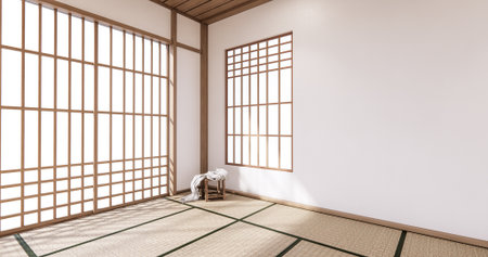 The interior Computer and office tools on mini desk in white concrete floor and white brick wall design. 3D renderingの写真素材
