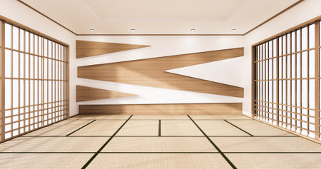 cabinet shelf wall on tatami mat floor room japanese style. 3D renderingの写真素材