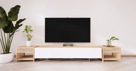 The wooden tv cabinet in white wall on white floor room japanese style. 3d rendering