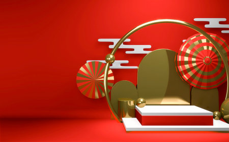 Pink podium show in pink color background japanese style.3D renderingの写真素材