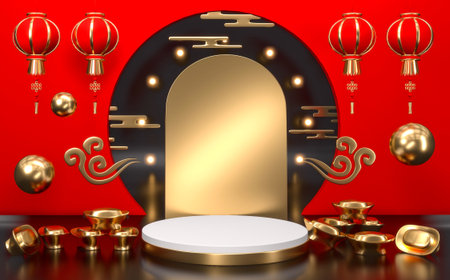 The Red Japanese podium show cosmetic product geometric japan style.3D renderingの写真素材