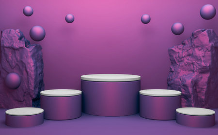 purple Rock stones on podium geometric for Product presentation. 3D renderingの写真素材