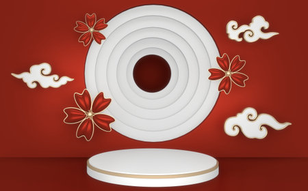The Red Japanese podium show cosmetic product geometric japan style.3D rendering