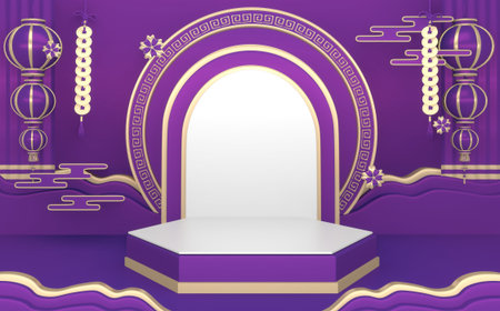 Japanese podium, Purple podium geometric for Product presentation. 3D rendering