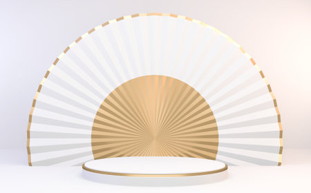The Mock up white and gold Podium for product display minimal geometric design.3D renderingの写真素材