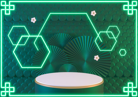 China fantasy green podium light neon blue show cosmetic product .3D renderingの写真素材