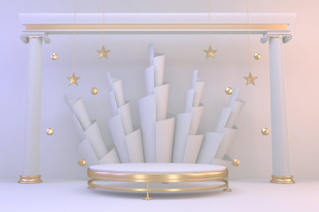 3d rendering. Modern minimalistic mock up gold podium abstract cylinder display.の写真素材