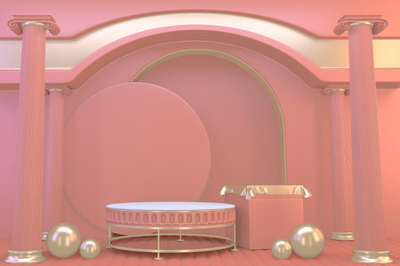 Pink podium show in pink color background.3D renderingの写真素材