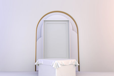 Modern pedestal white and gold for the presentation of cosmetic products. 3D rendering