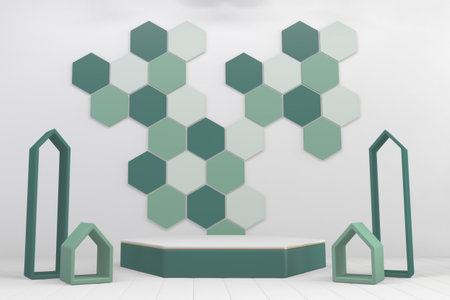 hexagon podiums green on backround gexagon patten.3D renderingの写真素材