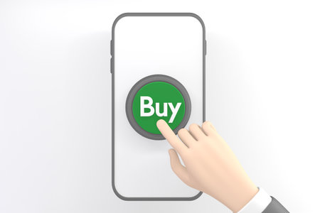 Hand pressing the green buy button on white background.3D rendering