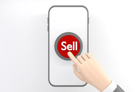 Hand pressing the red sell button on white background.3D renderingの写真素材