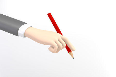 Business cartoon mockup hand holding a red pencil on white background. 3D renderingの写真素材