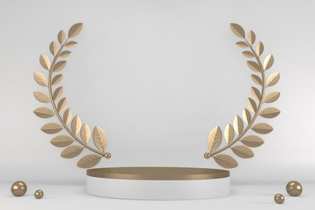 Victory  golden podium winner on white background minimal design. 3D renderingの写真素材
