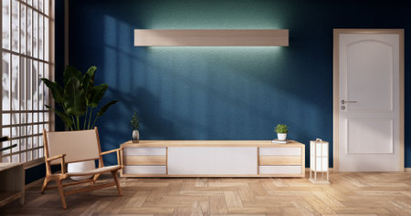 blue color room design interior with door paper and cabinet shelf wall on tatami mat floor room...