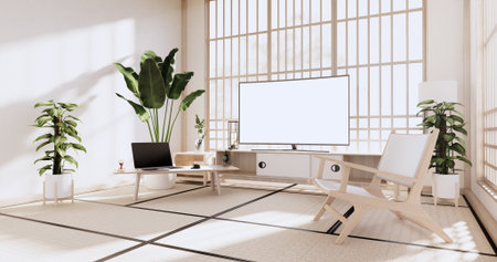 Cabinet in Living room with tatami mat floor and sofa armchair design.3D rendering