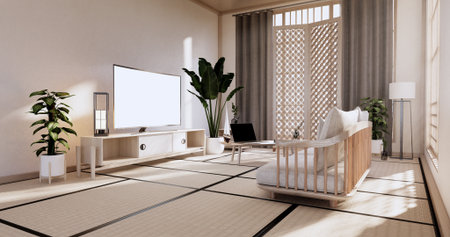 Cabinet in Living room with tatami mat floor and sofa armchair design.3D renderingの写真素材